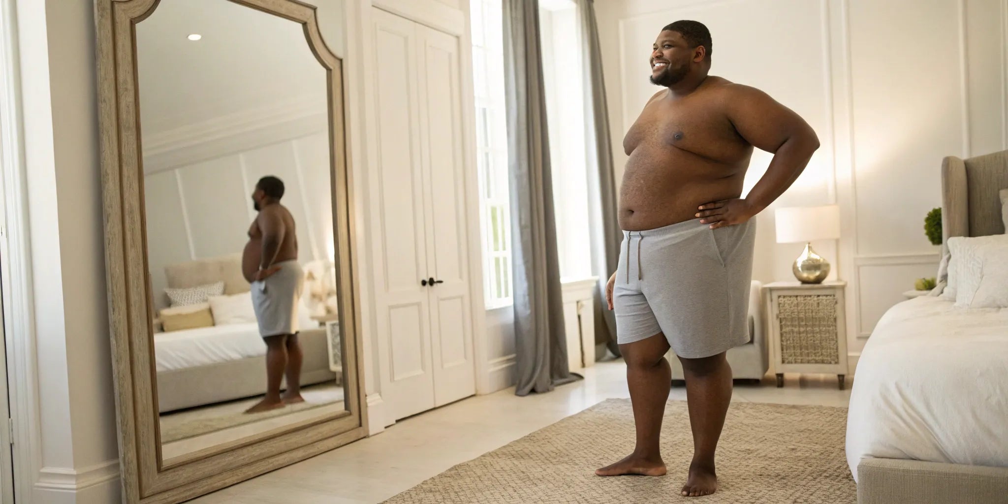 Man checking the waist size and fit of a pair of 4XL shorts.