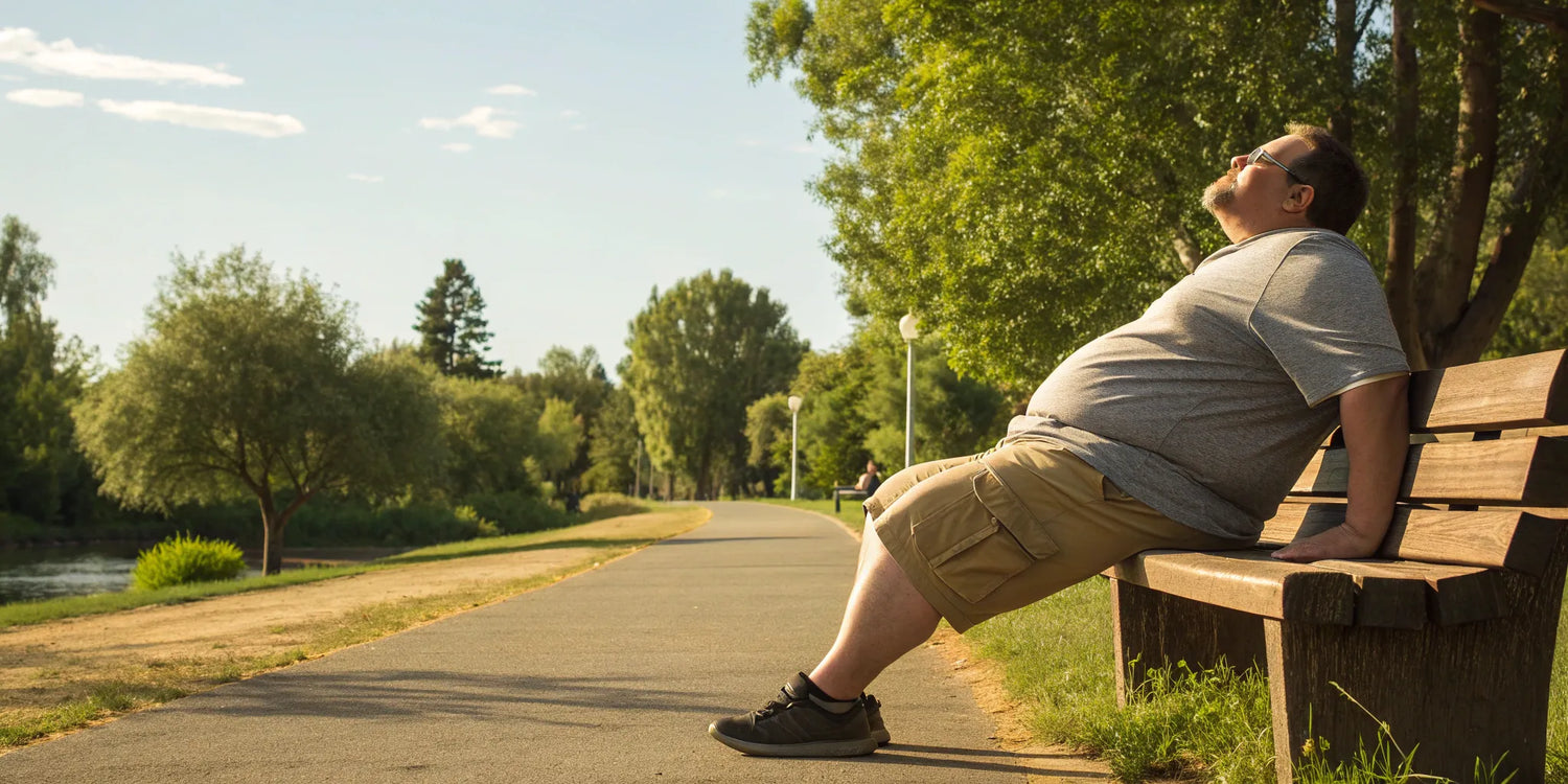 Man relaxing on a park bench wearing comfortable big and tall cargo shorts with an elastic waist.