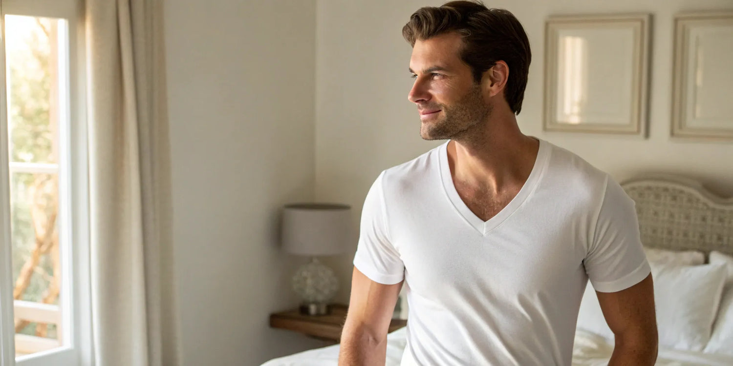Man wearing a well-fitting white big and tall v-neck undershirt.