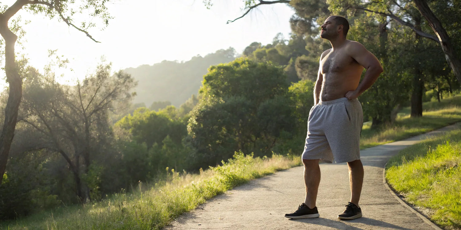 A big guy wearing the best workout shorts for men during an outdoor workout.