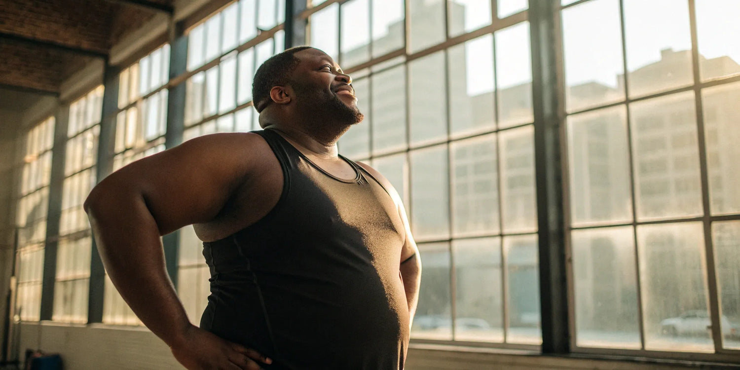 Big and tall man wearing a well-fitting black performance tank top.