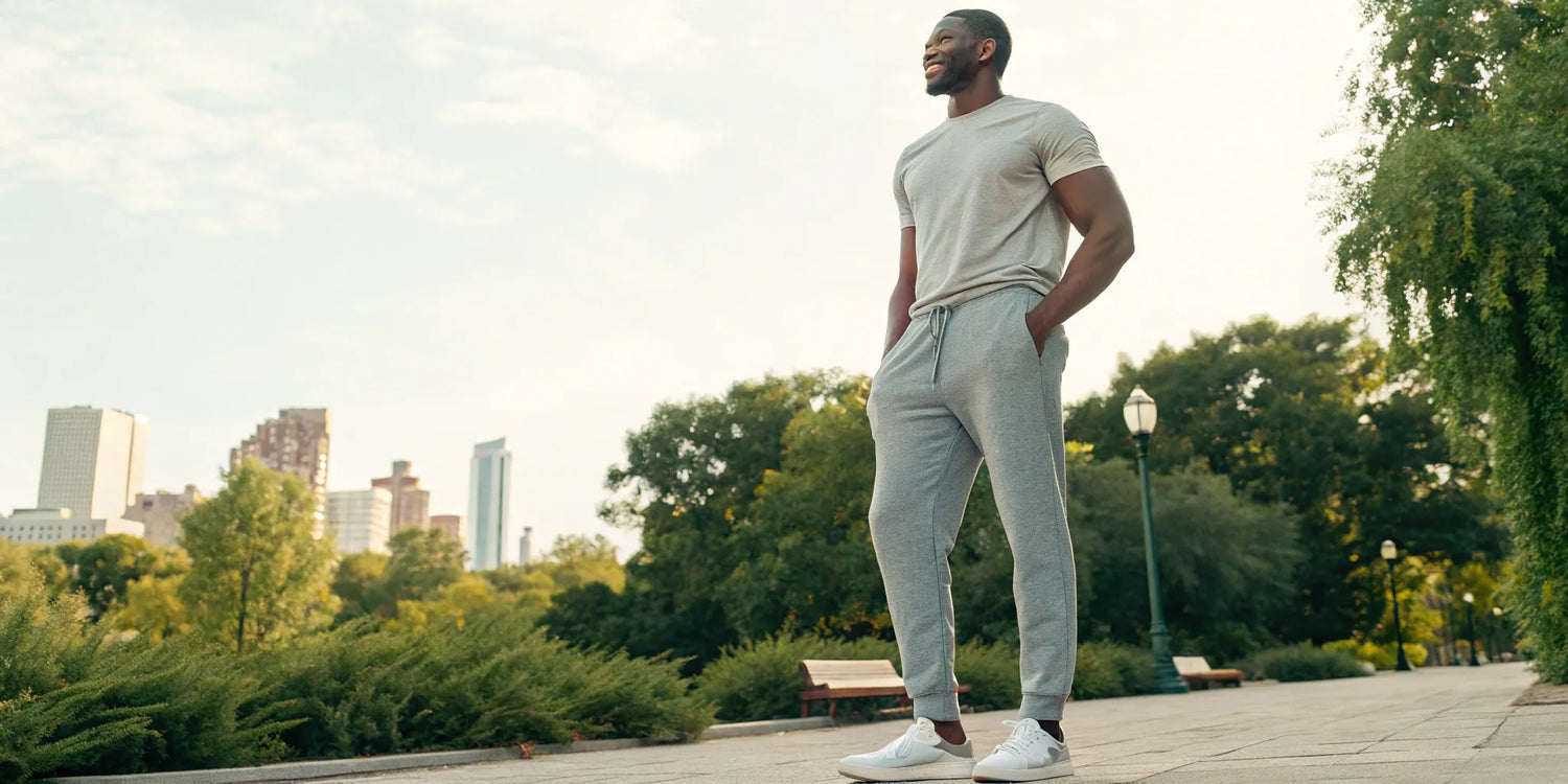 A tall man wearing a pair of well-fitting big and tall joggers outdoors.
