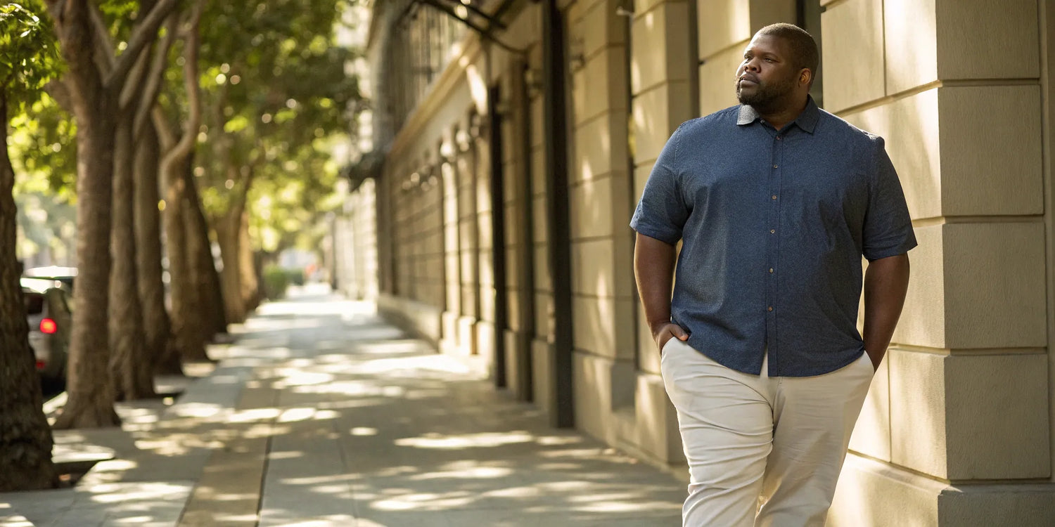 Man confidently wearing one of the best quality 4XLT shirts that offers a perfect fit.