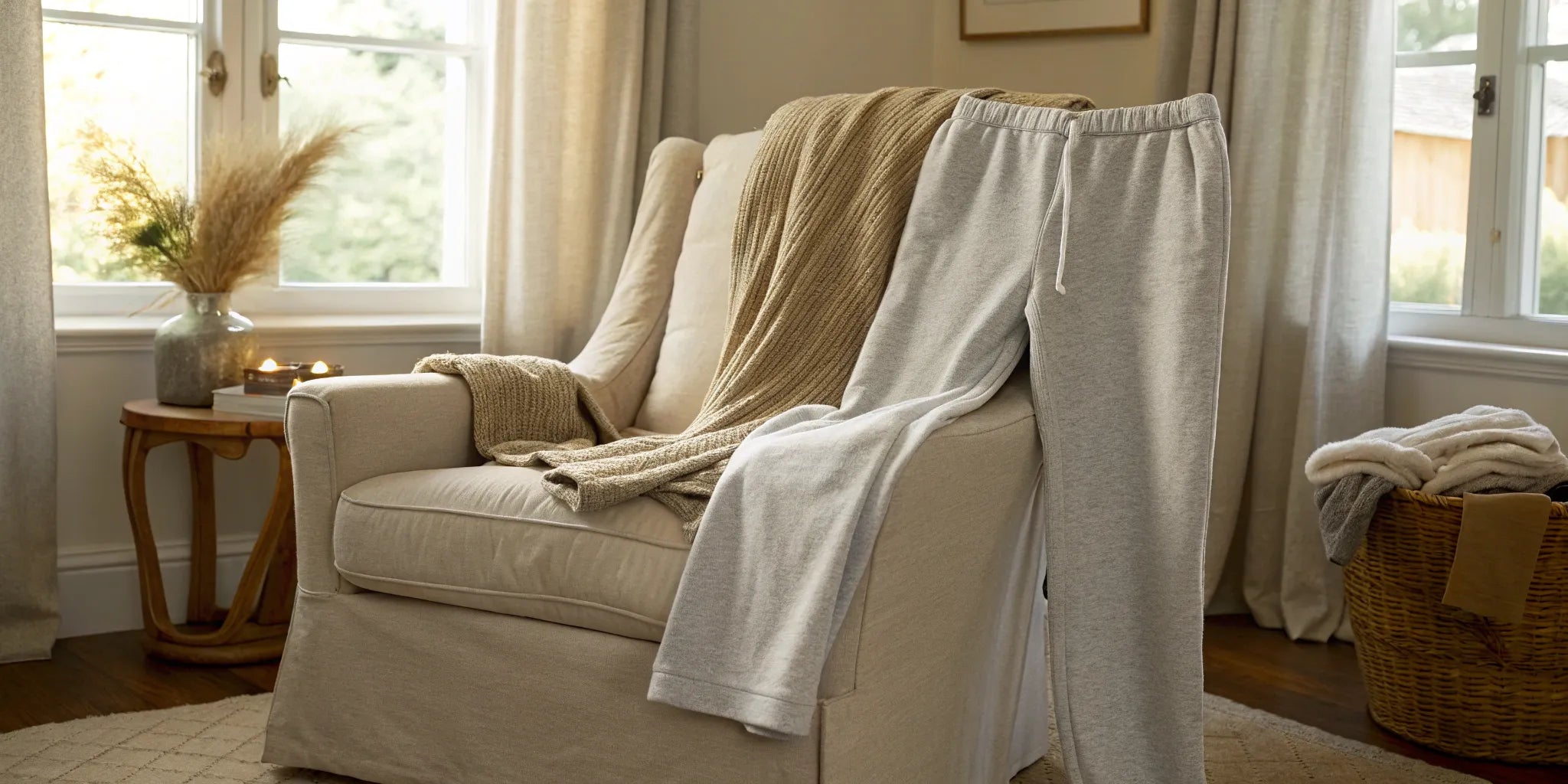 Big and tall open bottom sweatpants resting on a comfortable chair.