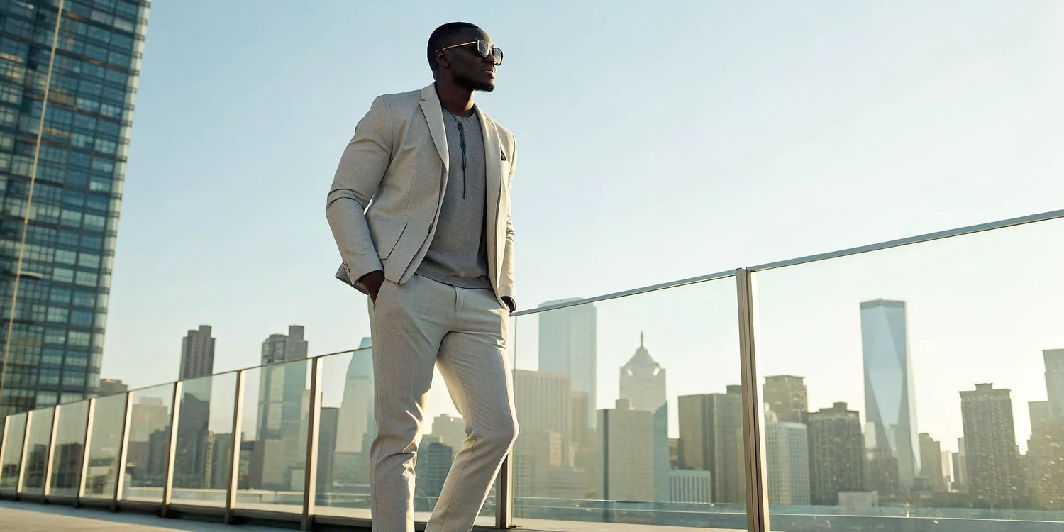 A stylish big guy wearing a well-fitting suit from the best clothing brands.