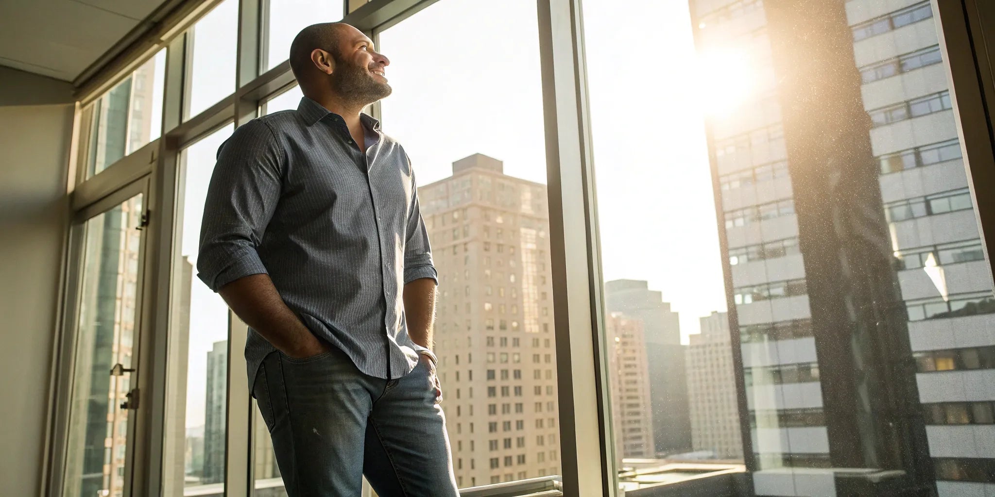 A man wearing affordable plus size men's basics stands confidently by a sunlit window.