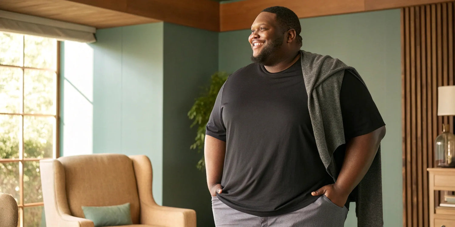 A man in a comfortable, well-fitting big & tall 4XLT t-shirt.