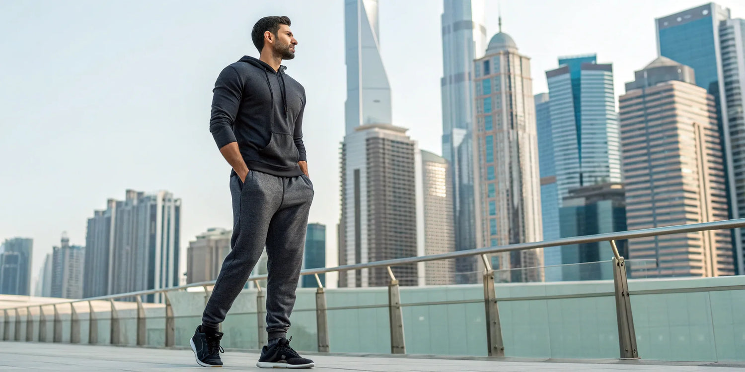 Dark gray big and tall tech fleece joggers worn by a man outdoors.