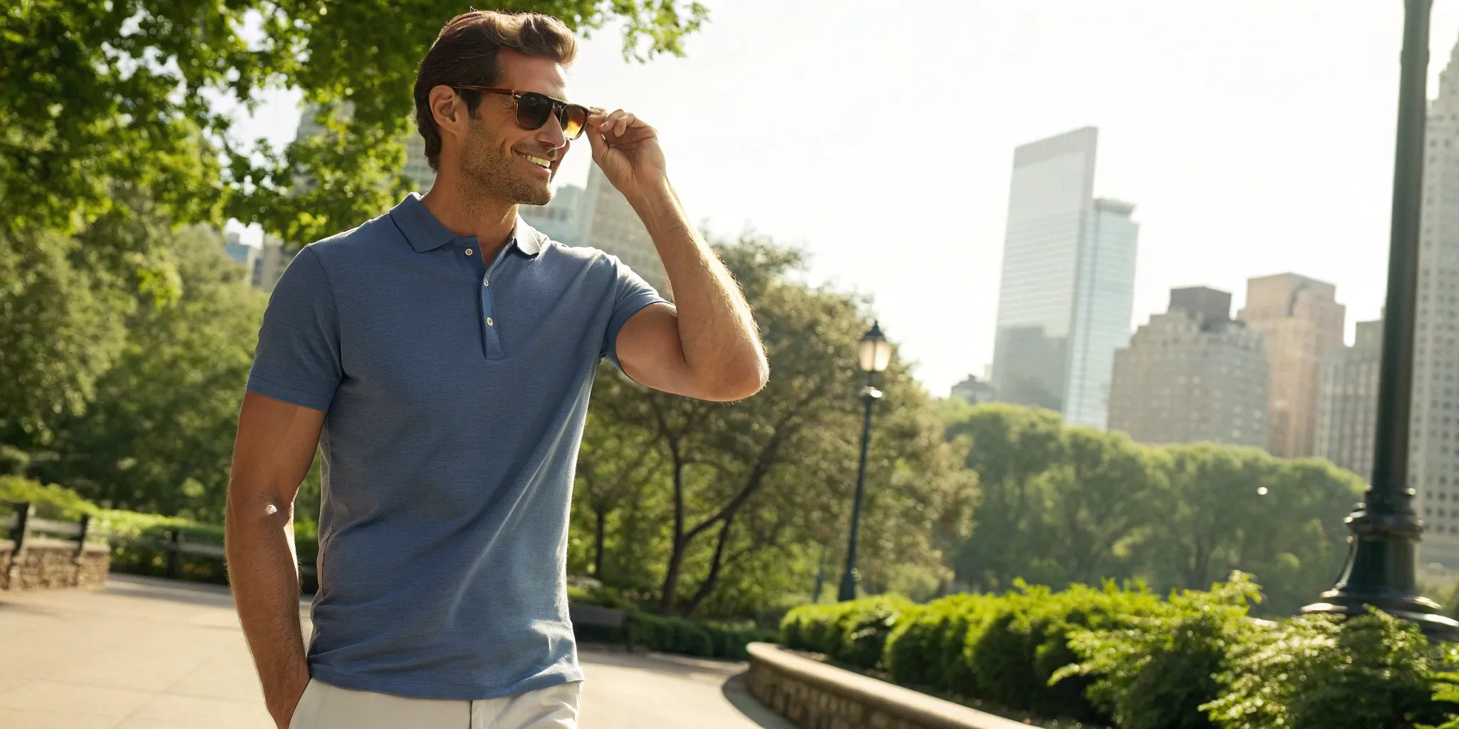 A tall man confidently wearing a blue mens 5XL tall polo shirt.
