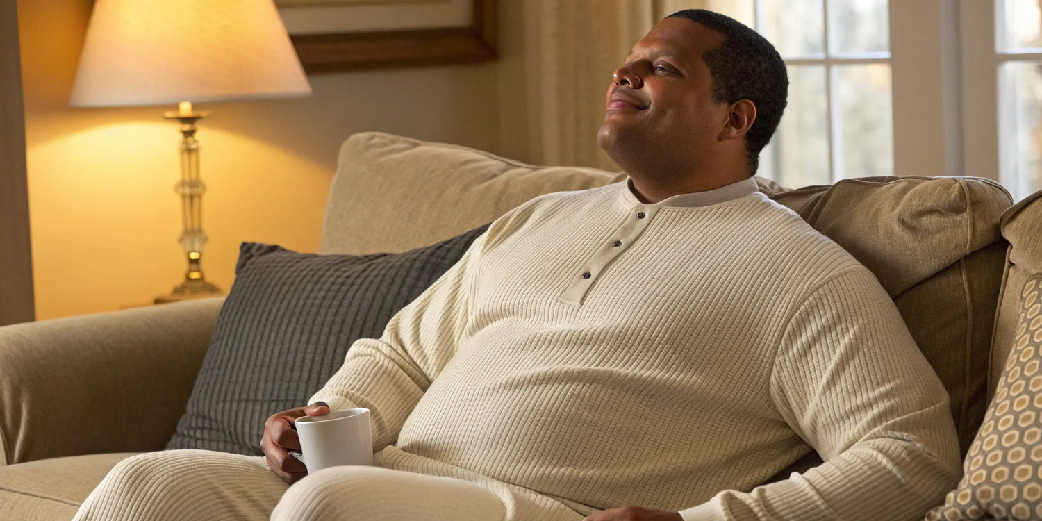 A big and tall man wearing a well-fitting men's waffle thermal shirt.