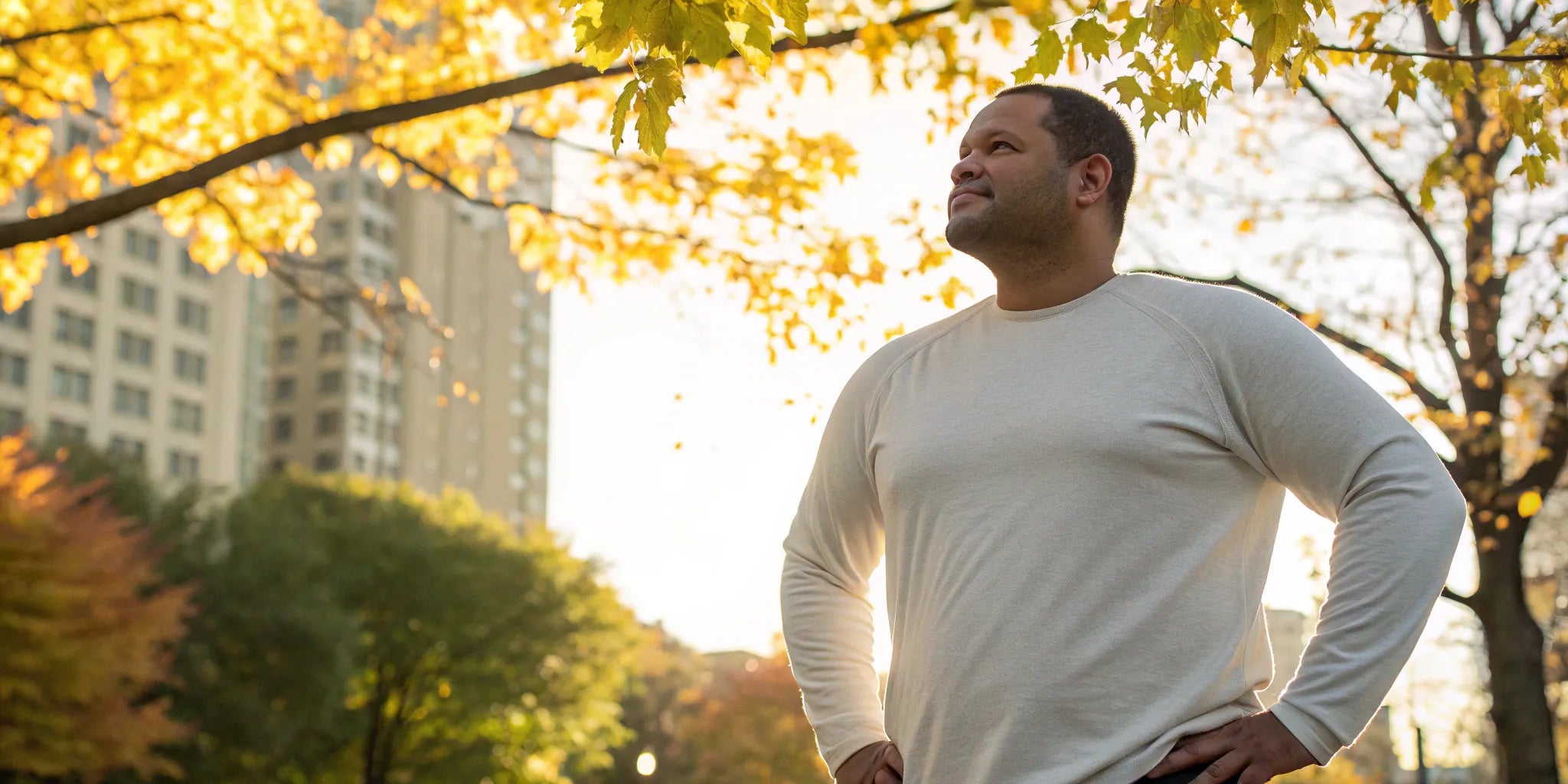 Man wearing a well-fitting 4XL long sleeve t-shirt for big and tall men.