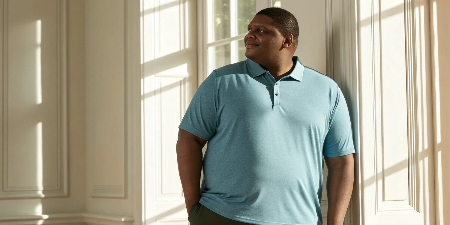 Man with a large chest wearing a well-fitting light blue stretch polo.