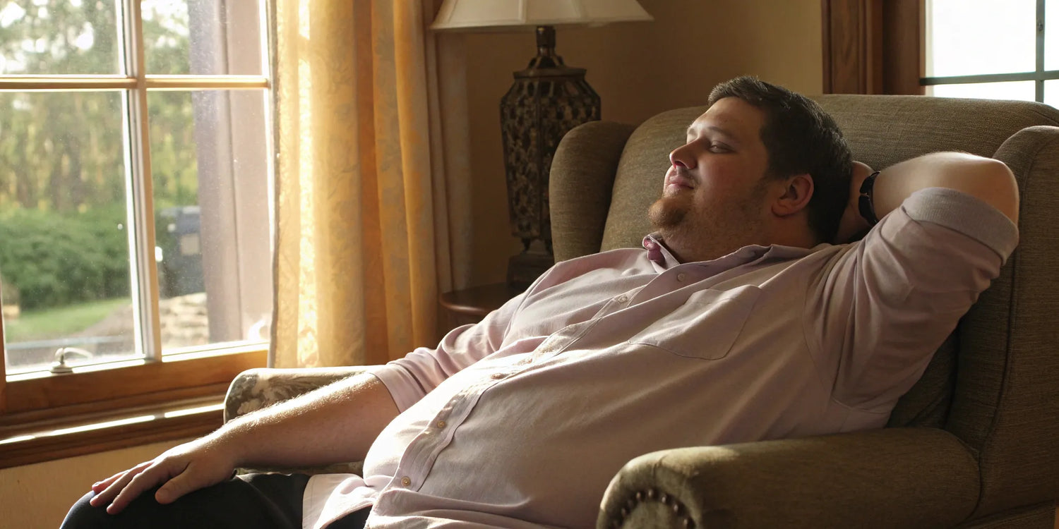 A big guy relaxing in one of the most comfortable shirts designed for a larger frame.