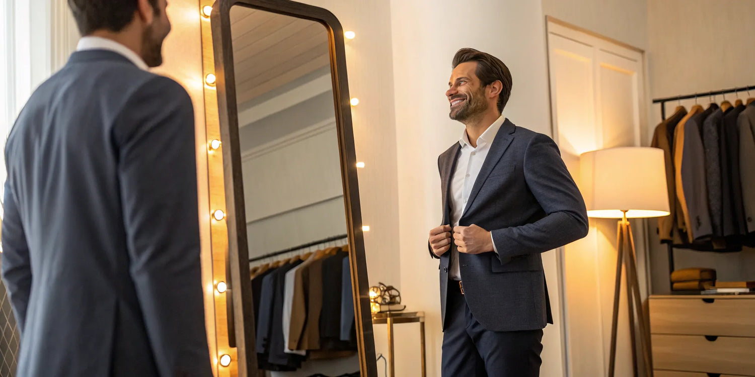 A man confidently smiling at his reflection in a well-fitting big and tall suit.