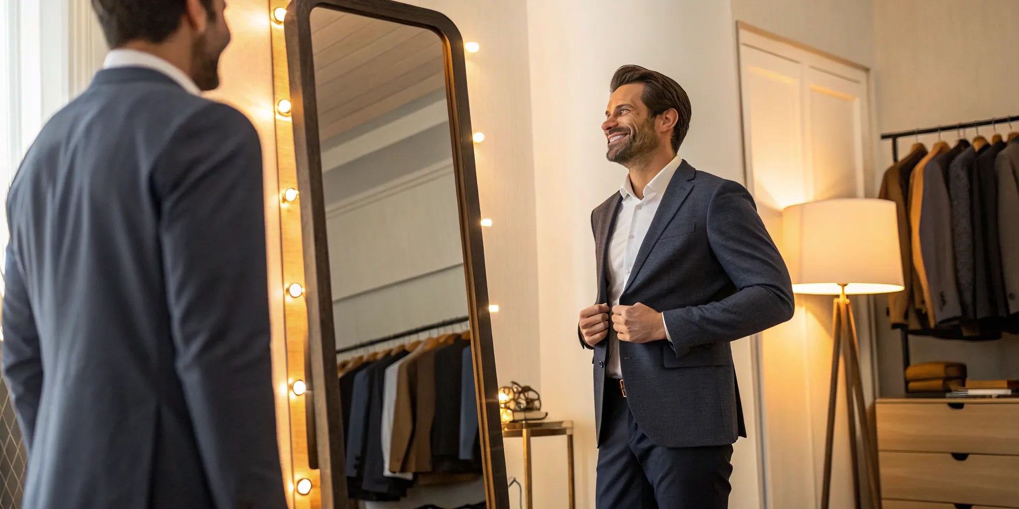 A man confidently smiling at his reflection in a well-fitting big and tall suit.