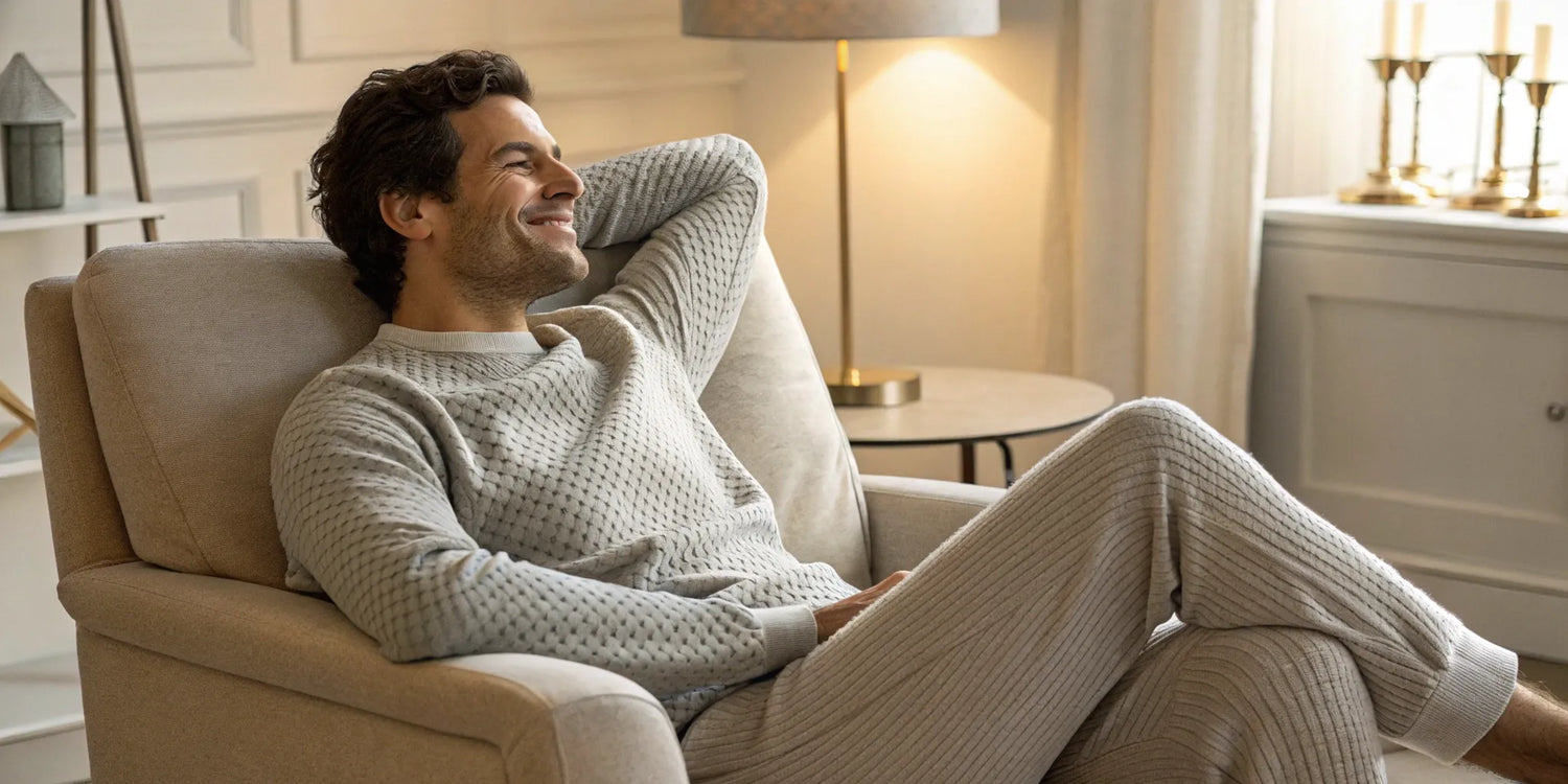 Man wearing a well-fitting big and tall waffle crewneck sweatshirt.