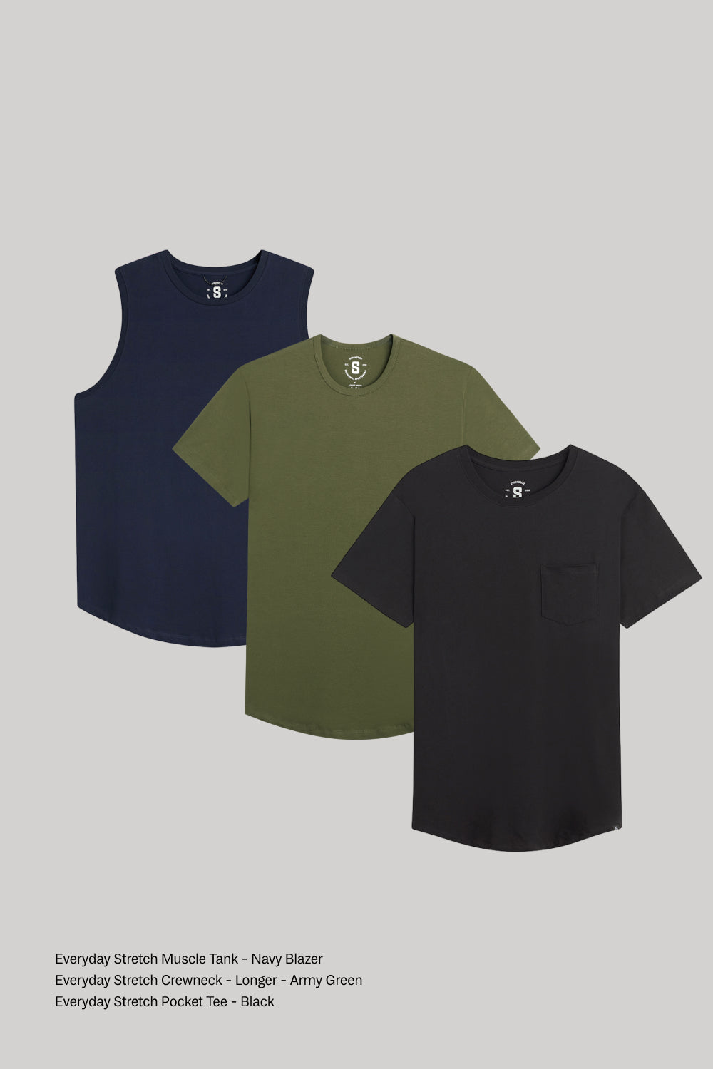 Big and tall men’s 3-pack crew neck t-shirts in navy, black, and gray