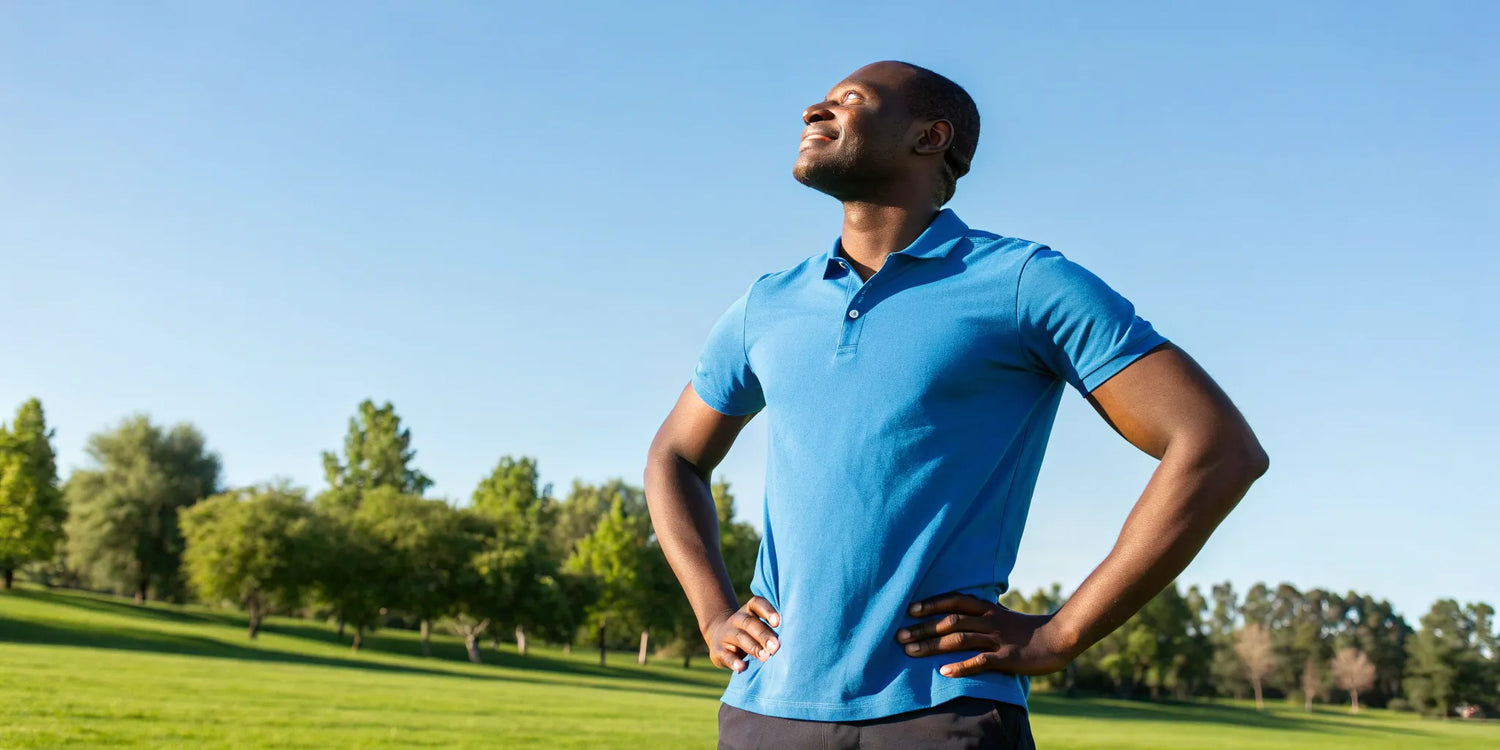 A big and tall man confidently wearing a blue athletic polo designed for performance and fit.