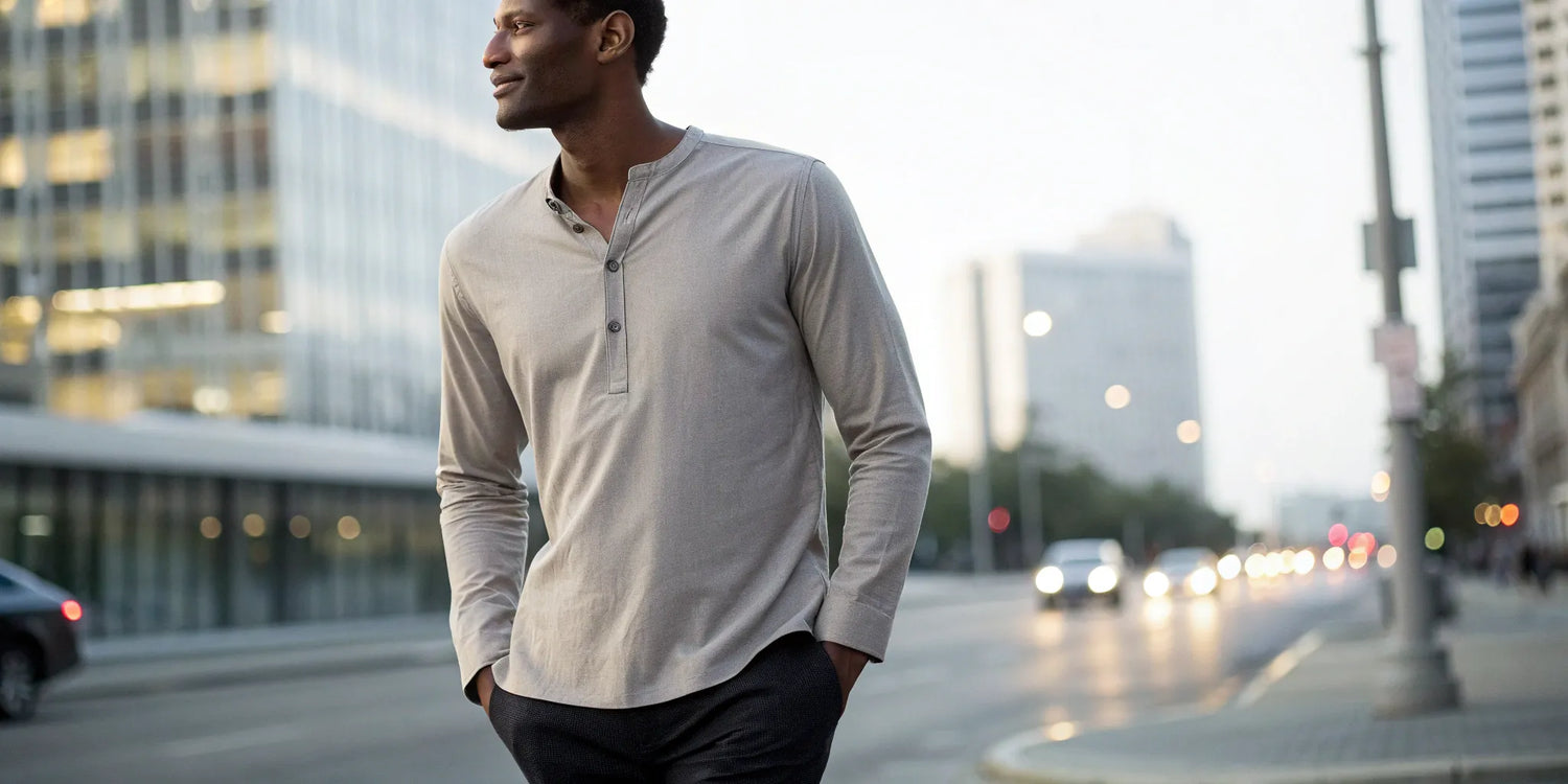 A tall man wearing one of the best long sleeve shirts for a perfect fit.