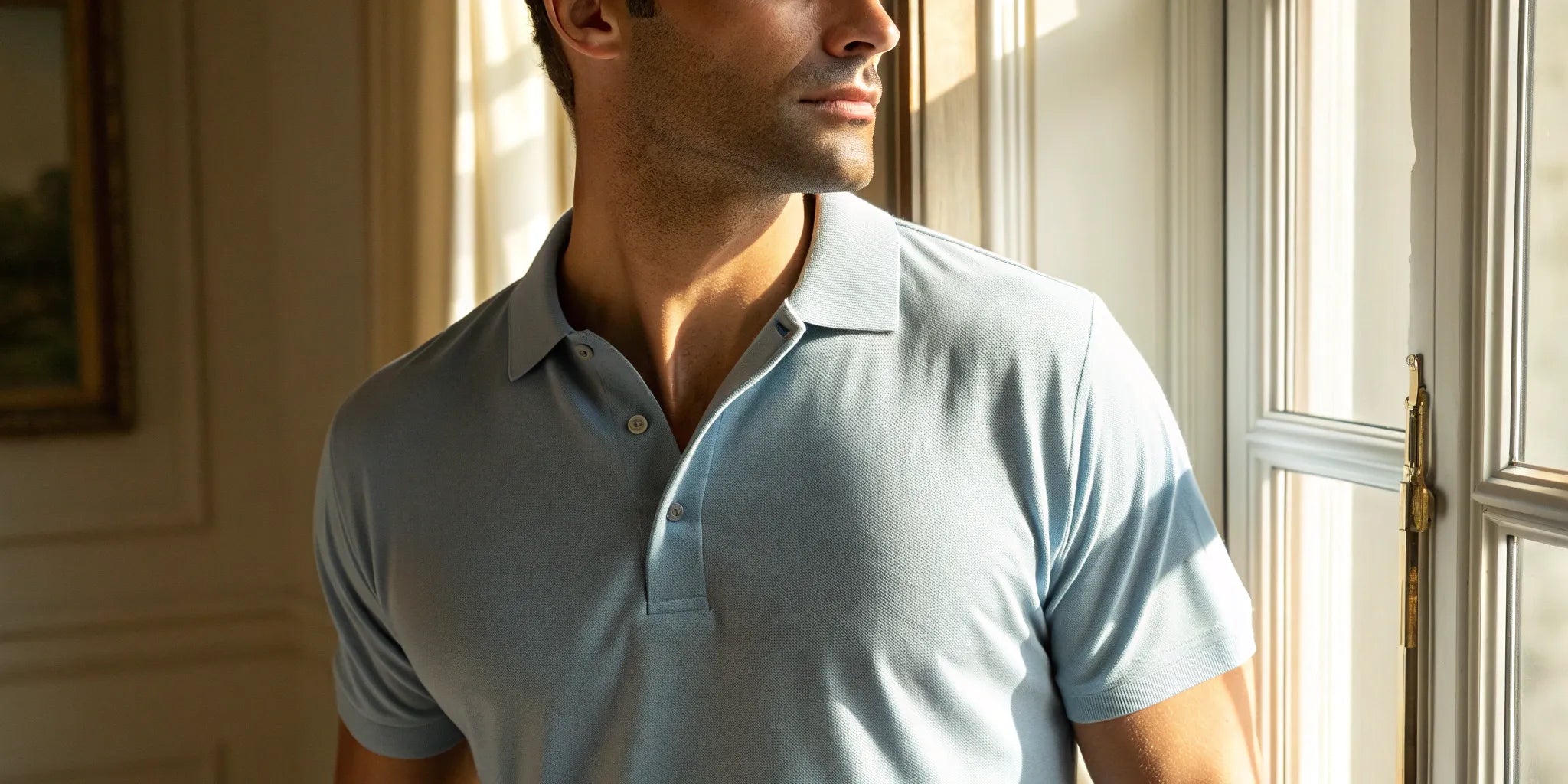 Man wearing a well-fitting big and tall polo shirt from a men's clearance sale.