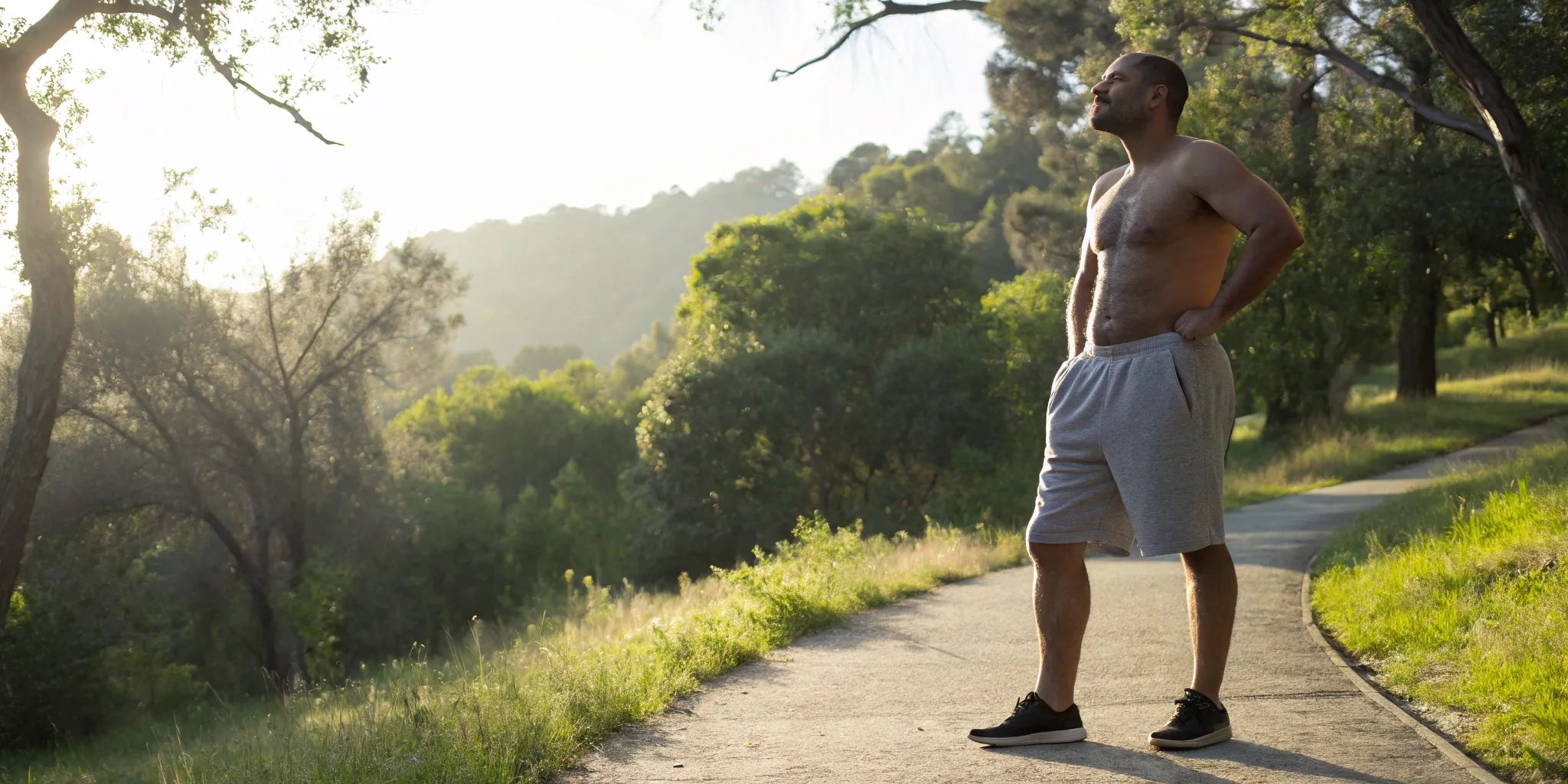 A big guy wearing the best workout shorts for men during an outdoor workout.