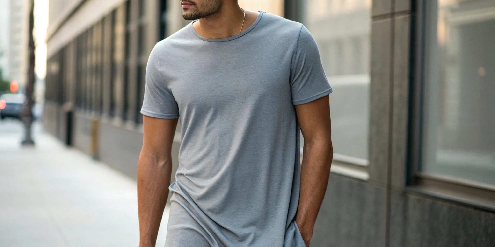 Man in a well-fitting, light gray big and tall extra long t-shirt.