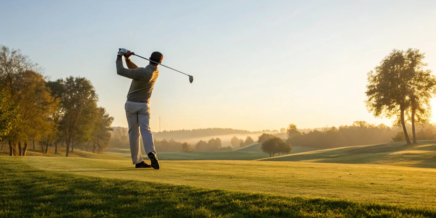 Man on a golf course wearing a comfortable, well-fitting big and tall golf shirt.