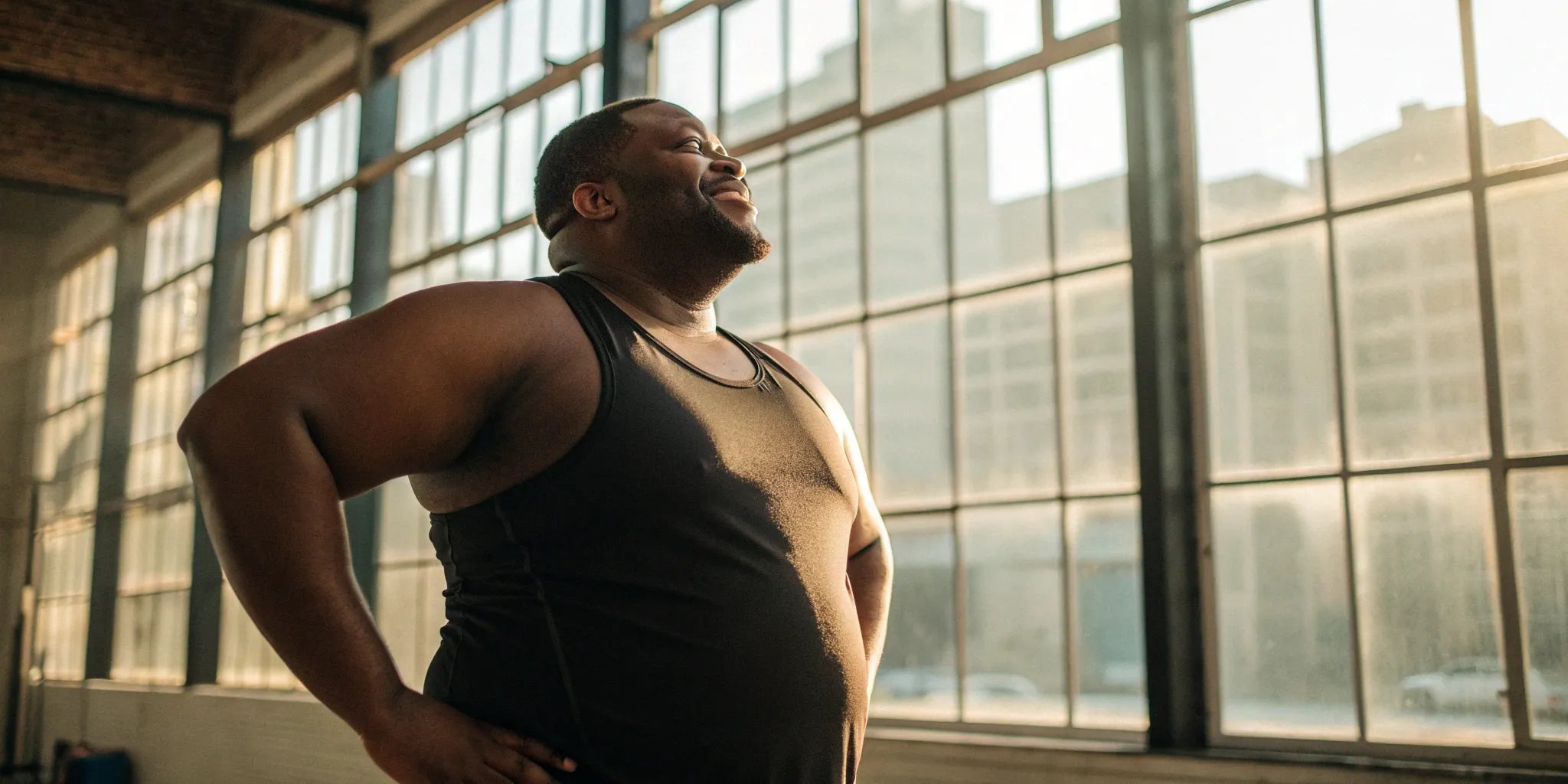 Big and tall man wearing a well-fitting black performance tank top.