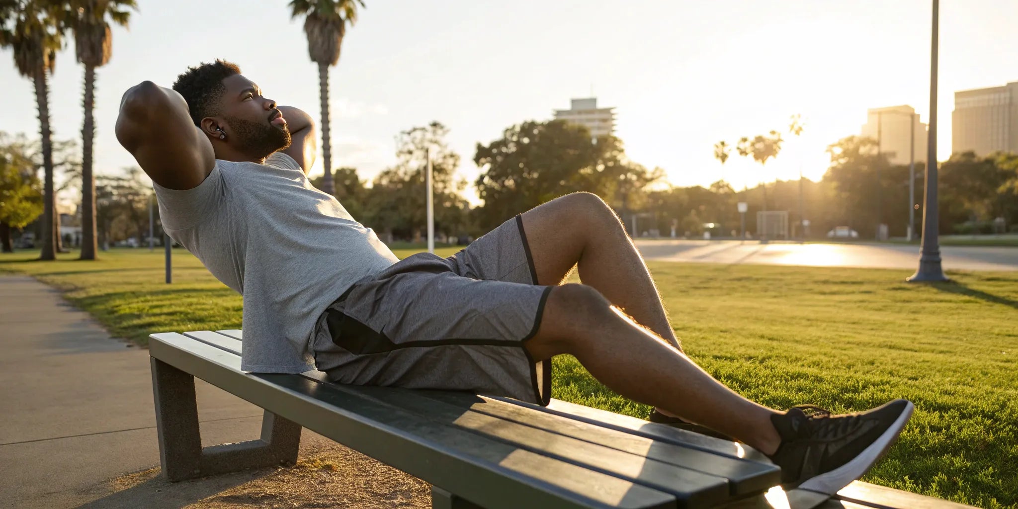 Man relaxing outdoors in comfortable men's big and tall performance shorts.