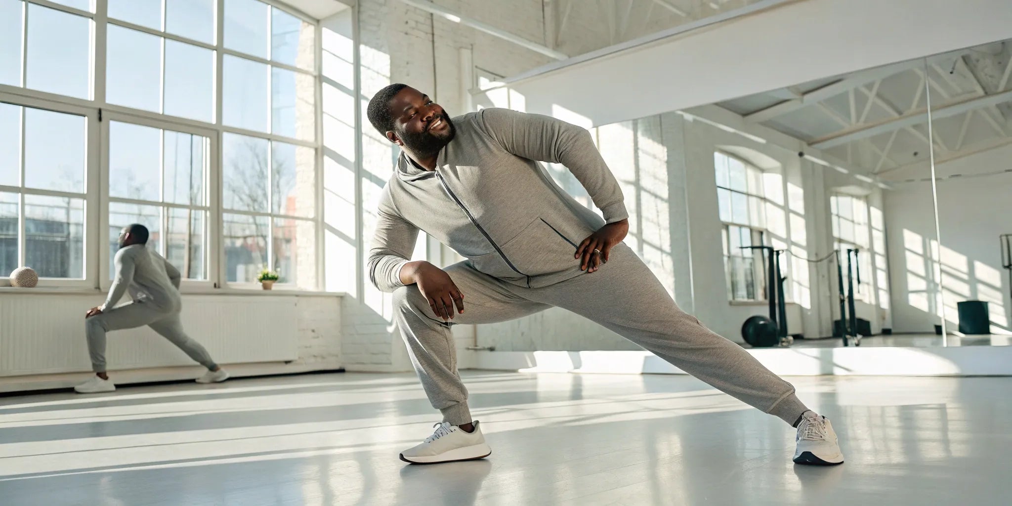 Best big and tall workout clothes on a man stretching in a gym.