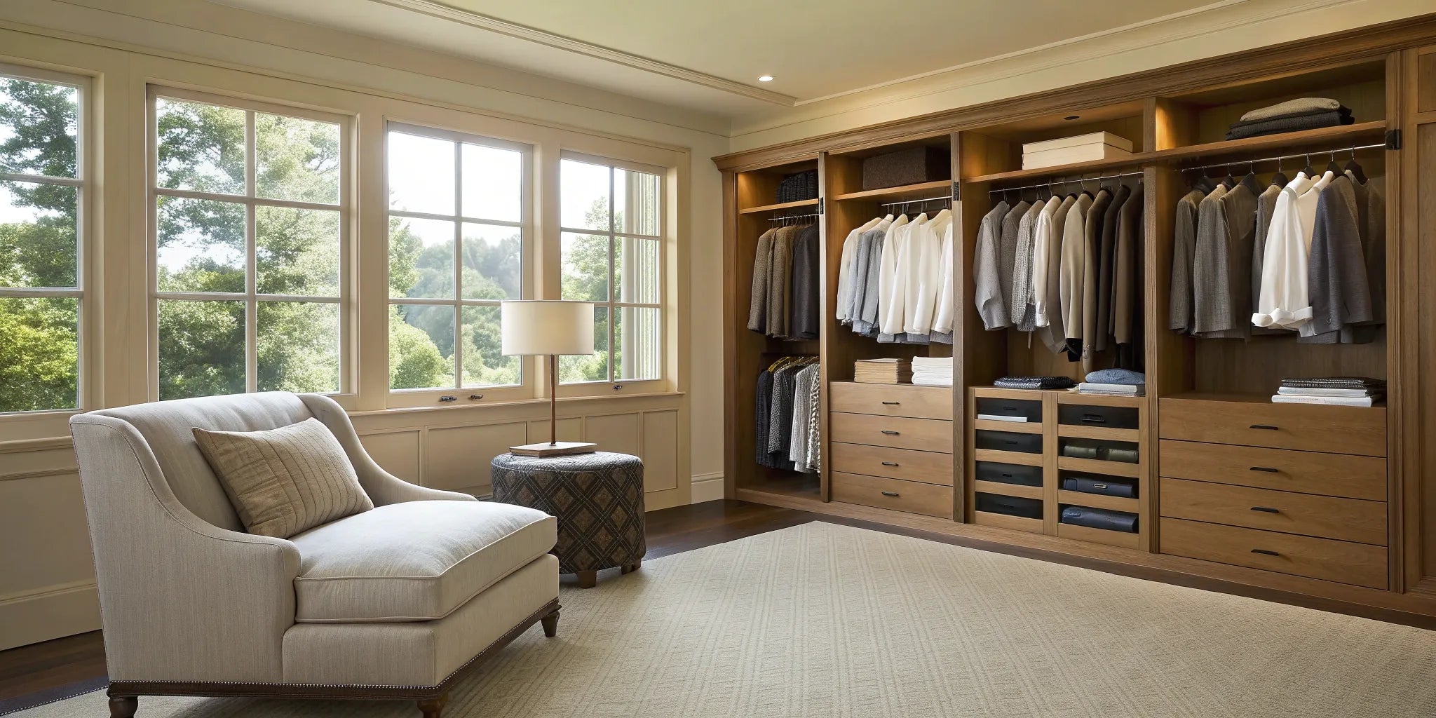A well-organized closet full of stylish big and tall clothing for men.