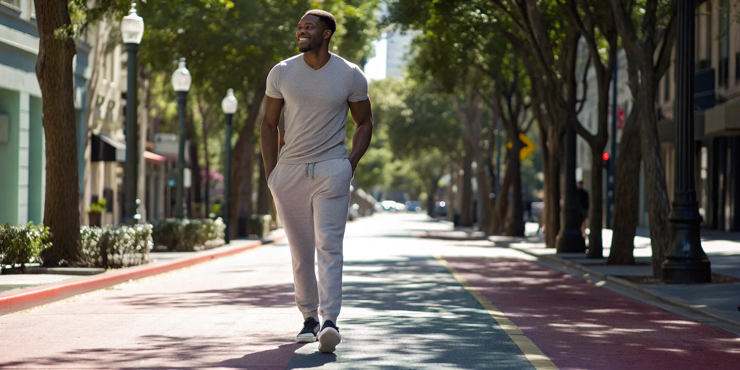 A man wearing the best joggers for men with big thighs.