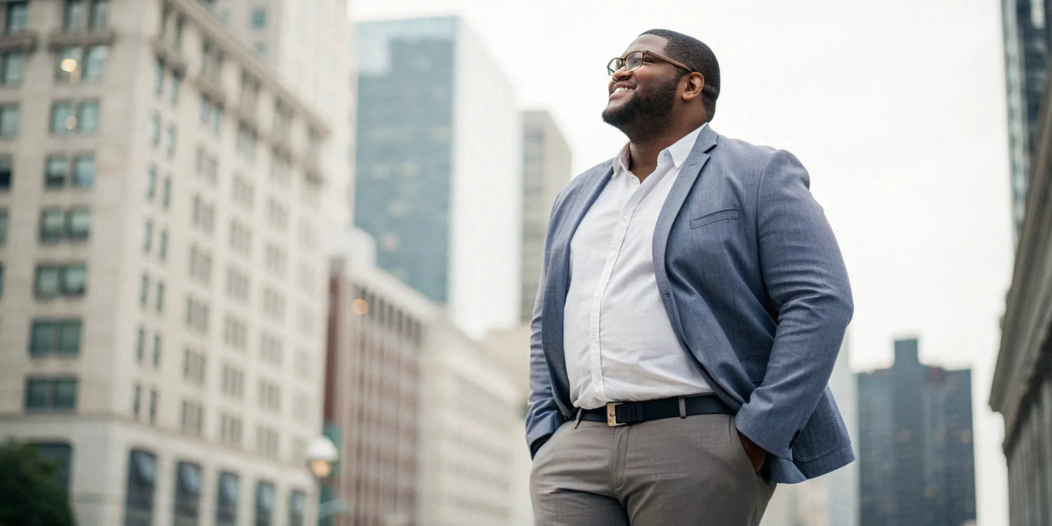 A confident plus size man wearing a sharp blazer, one of the best wardrobe essentials for men.