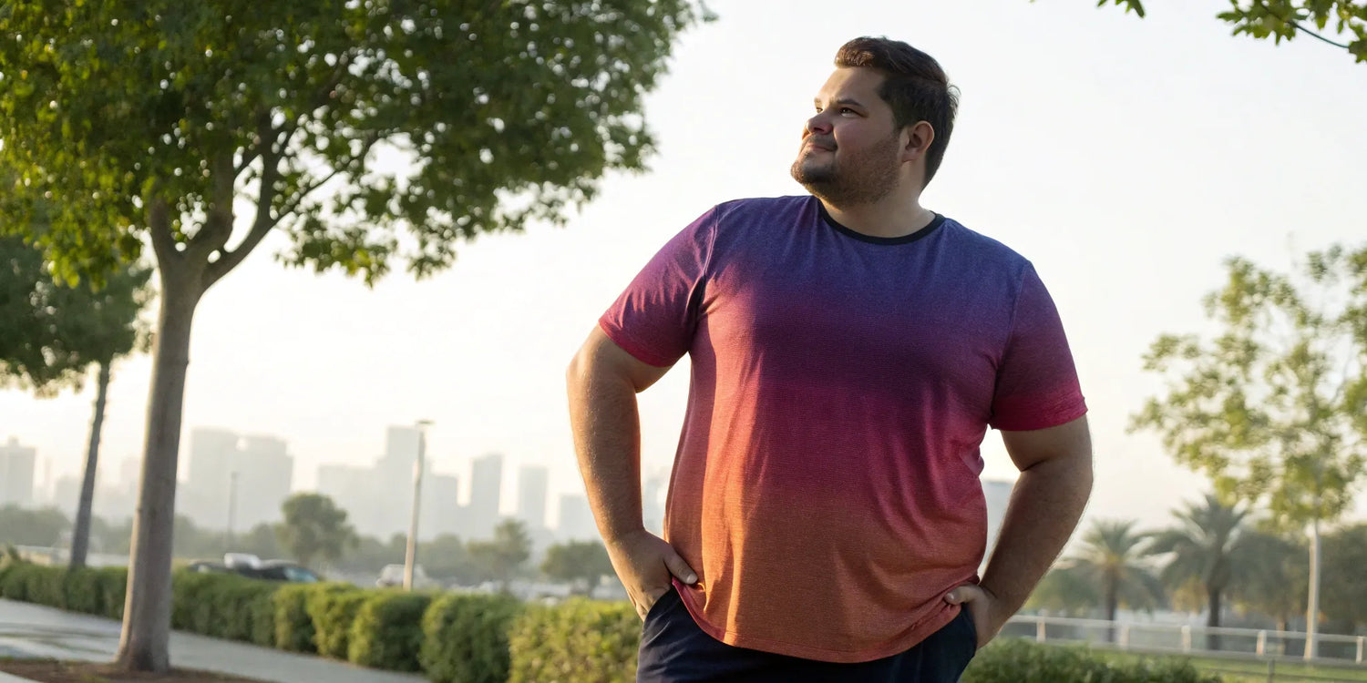 A man uses a well-fitting t-shirt to hide a big stomach.
