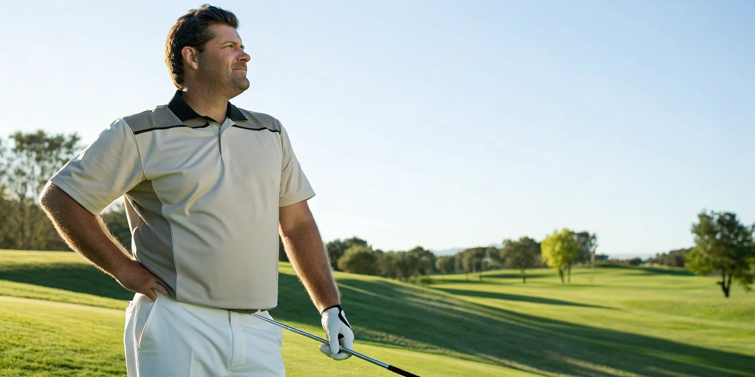 A big man wearing a well-fitting 5XL golf shirt on the golf course.
