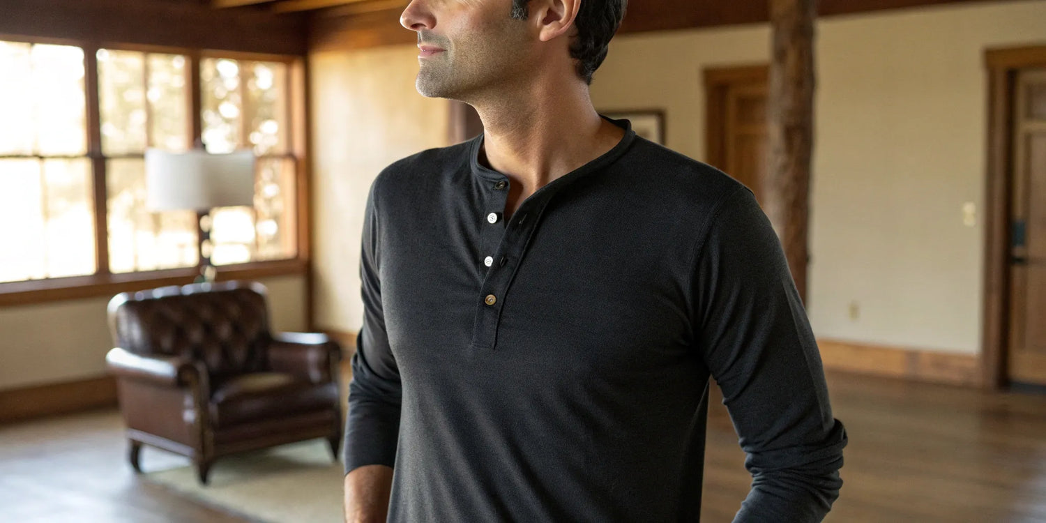 A well-fitting black Henley shirt for big and tall men.