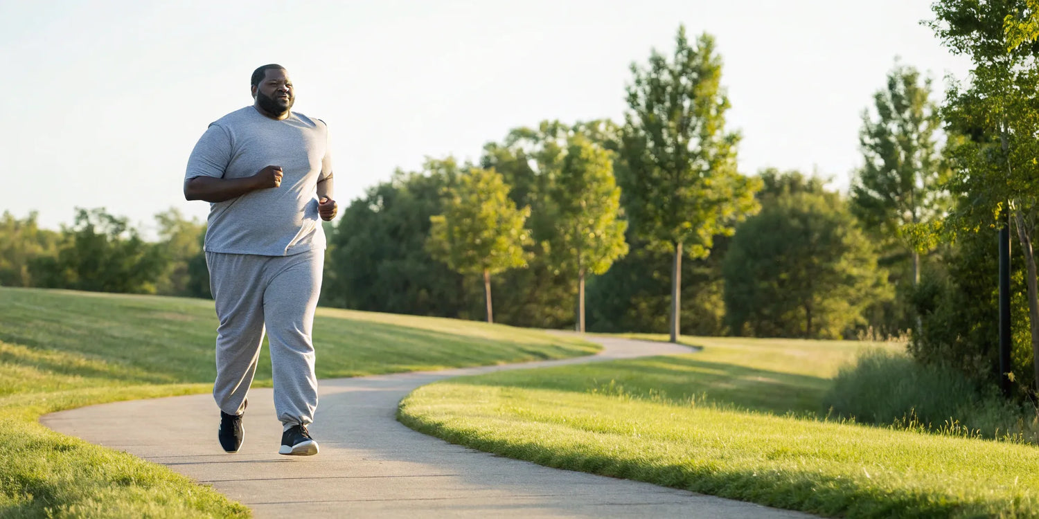 A big and tall man in well-fitting gray joggers running comfortably in a park.