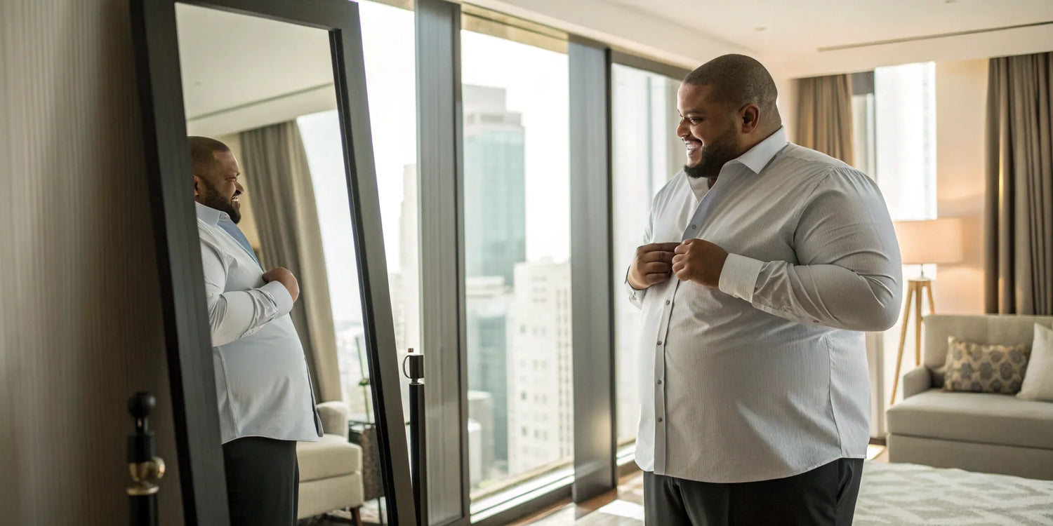A big and tall man buttons a great-fitting shirt he found during a clearance sale.