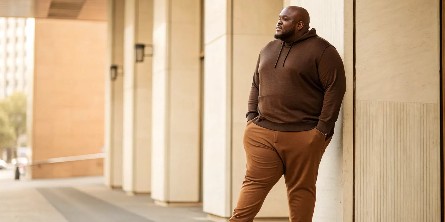 A big man wearing stylish, well-fitting brown joggers and a hoodie.