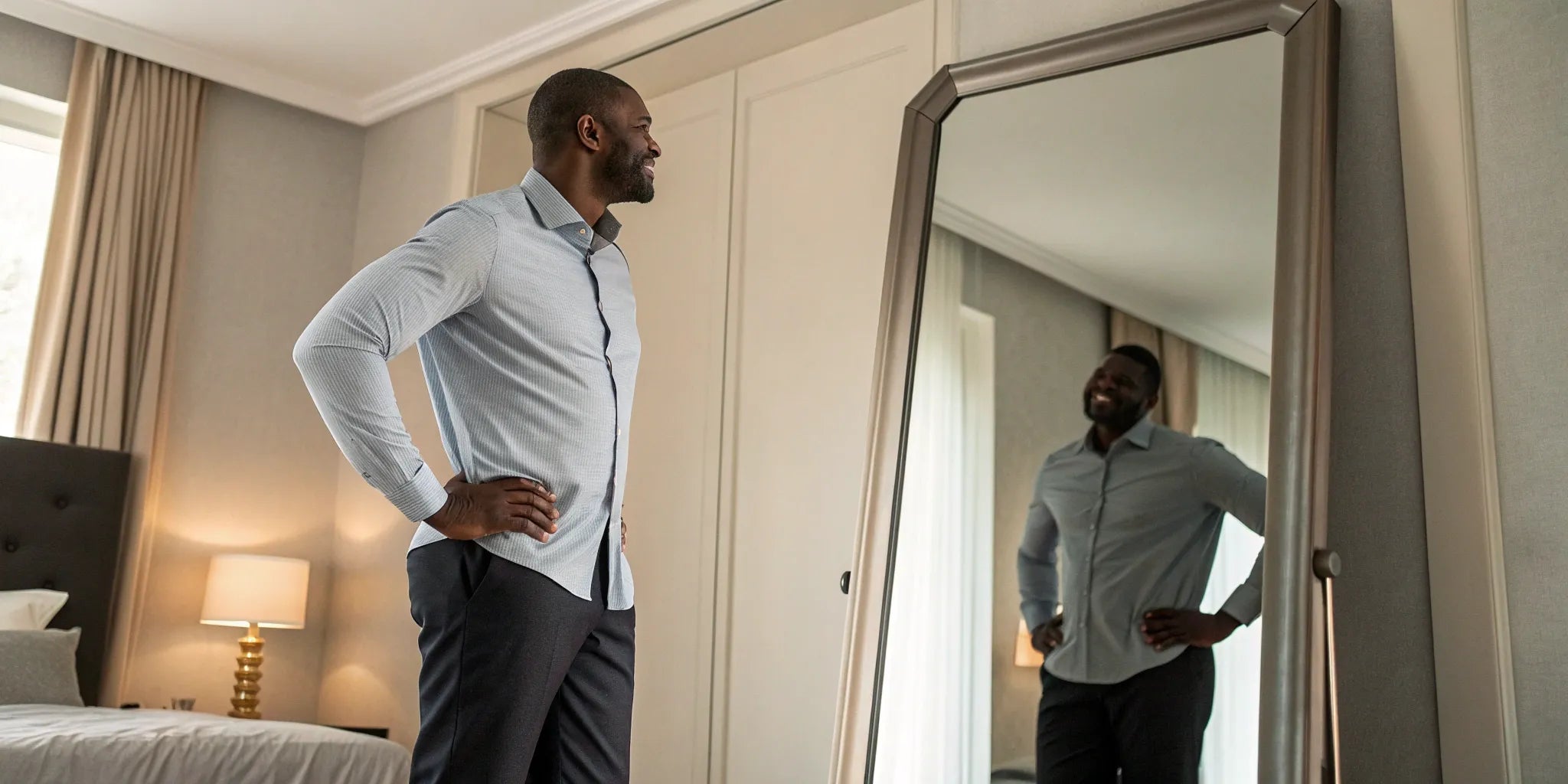 Man smiling confidently in a well-fitting size 6XL mens shirt.